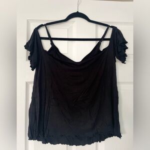 American Eagle Soft & Sexy Lettuce Ruffle Open Shoulder Black Shirt Size Large